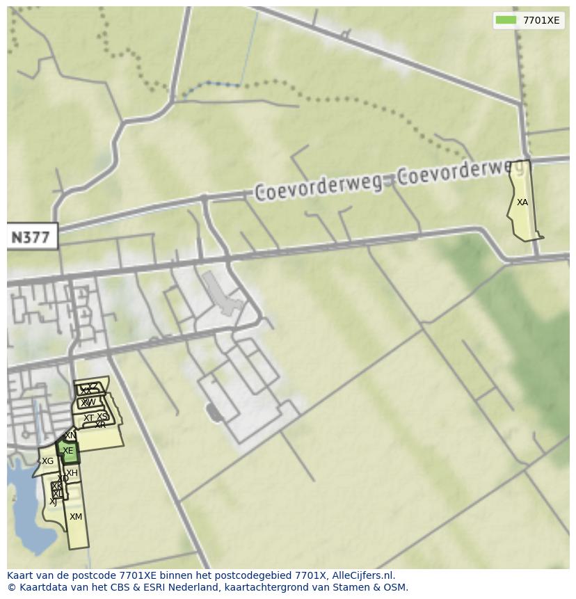 Afbeelding van het postcodegebied 7701 XE op de kaart.