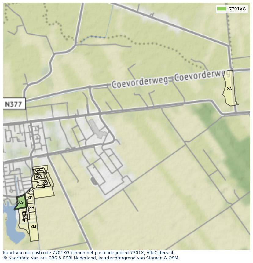 Afbeelding van het postcodegebied 7701 XG op de kaart.