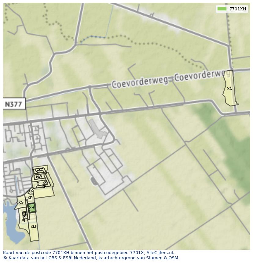 Afbeelding van het postcodegebied 7701 XH op de kaart.