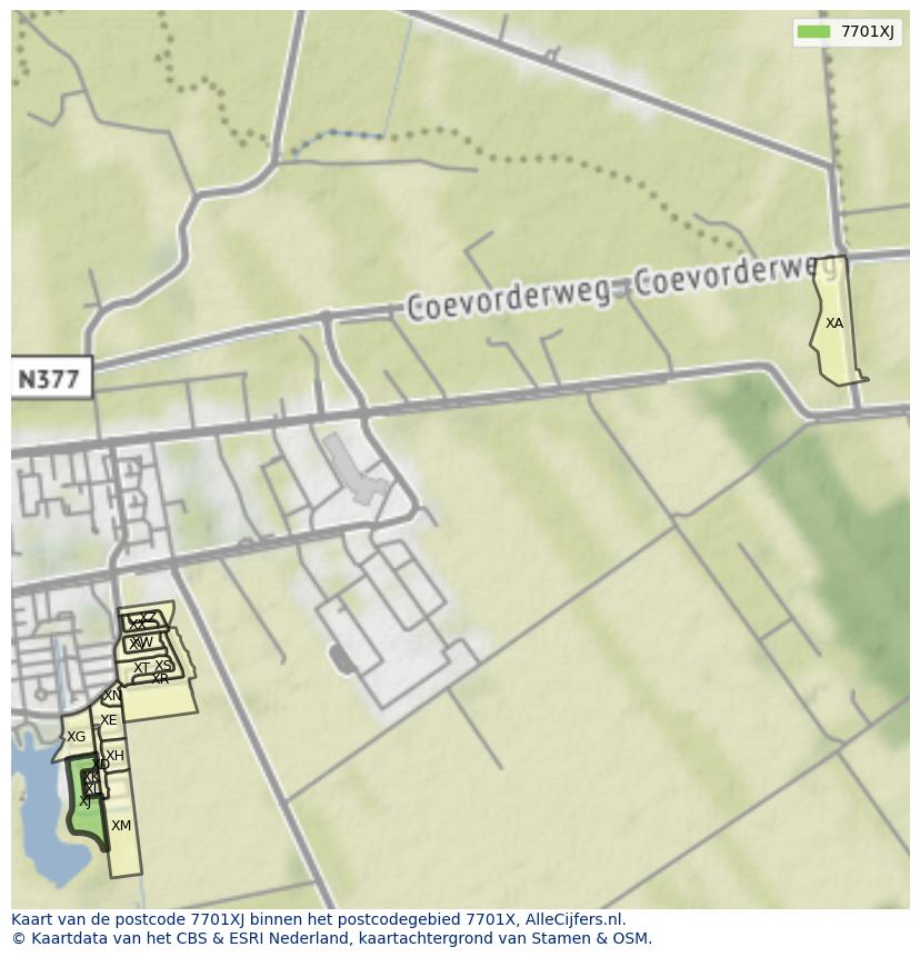 Afbeelding van het postcodegebied 7701 XJ op de kaart.