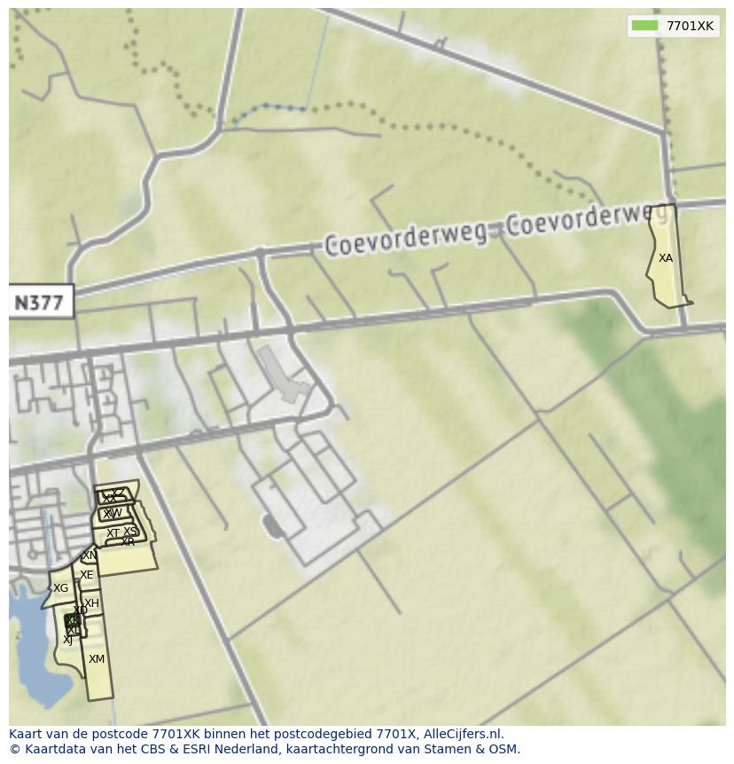 Afbeelding van het postcodegebied 7701 XK op de kaart.