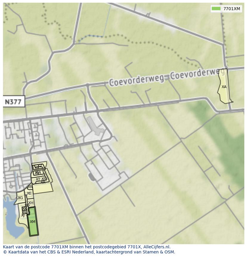 Afbeelding van het postcodegebied 7701 XM op de kaart.