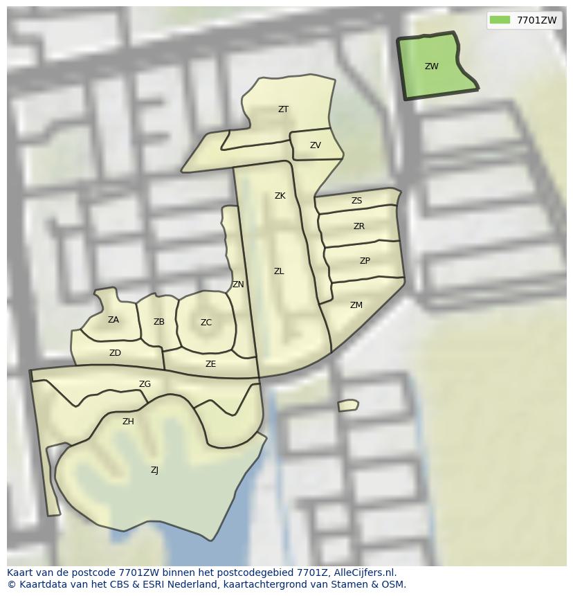 Afbeelding van het postcodegebied 7701 ZW op de kaart.