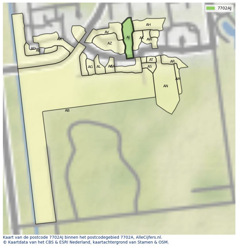 Afbeelding van het postcodegebied 7702 AJ op de kaart.