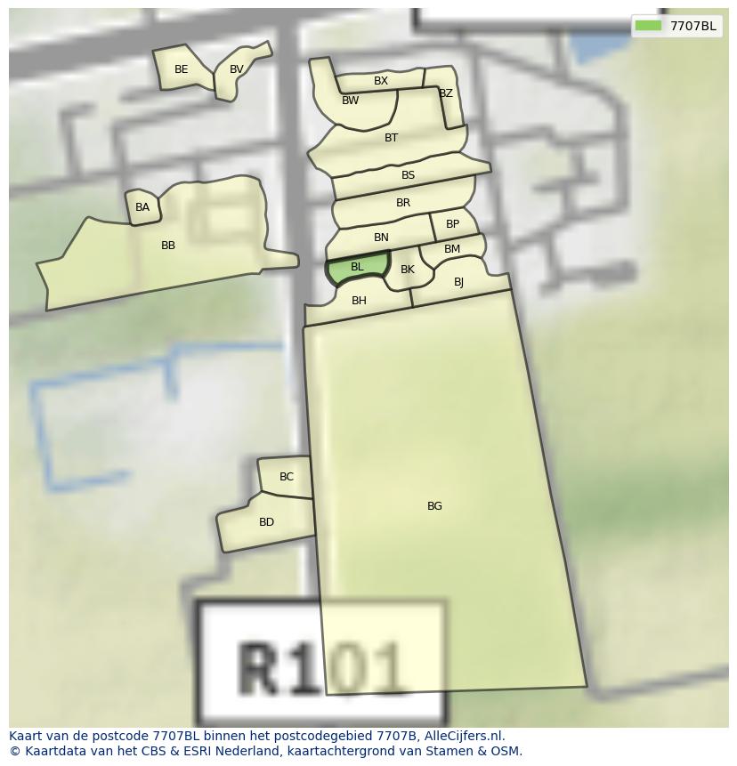 Afbeelding van het postcodegebied 7707 BL op de kaart.