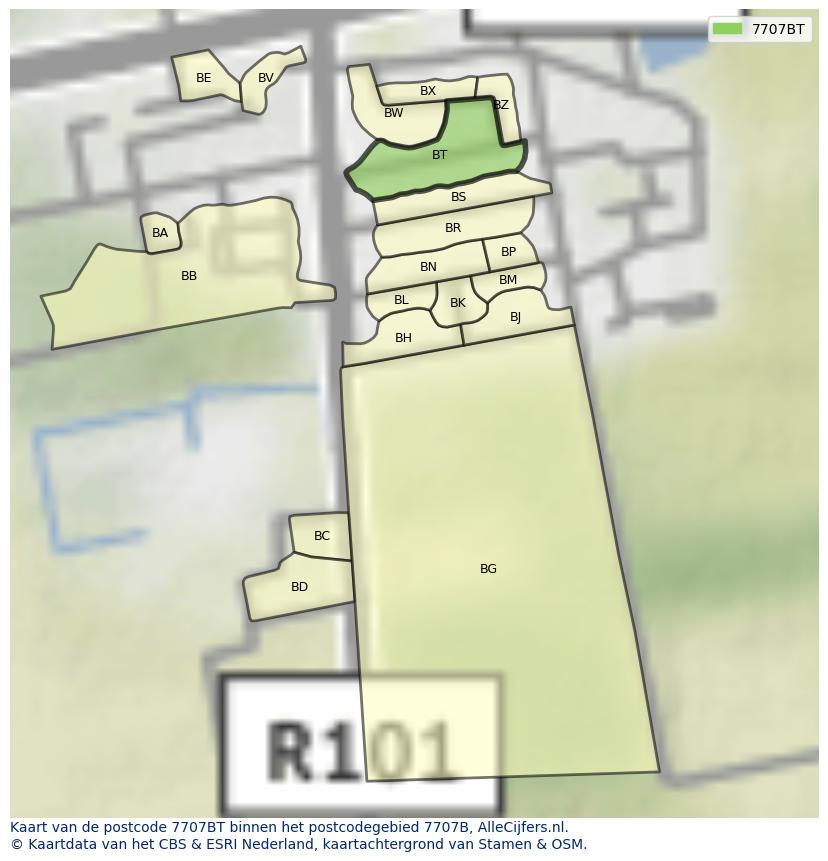 Afbeelding van het postcodegebied 7707 BT op de kaart.