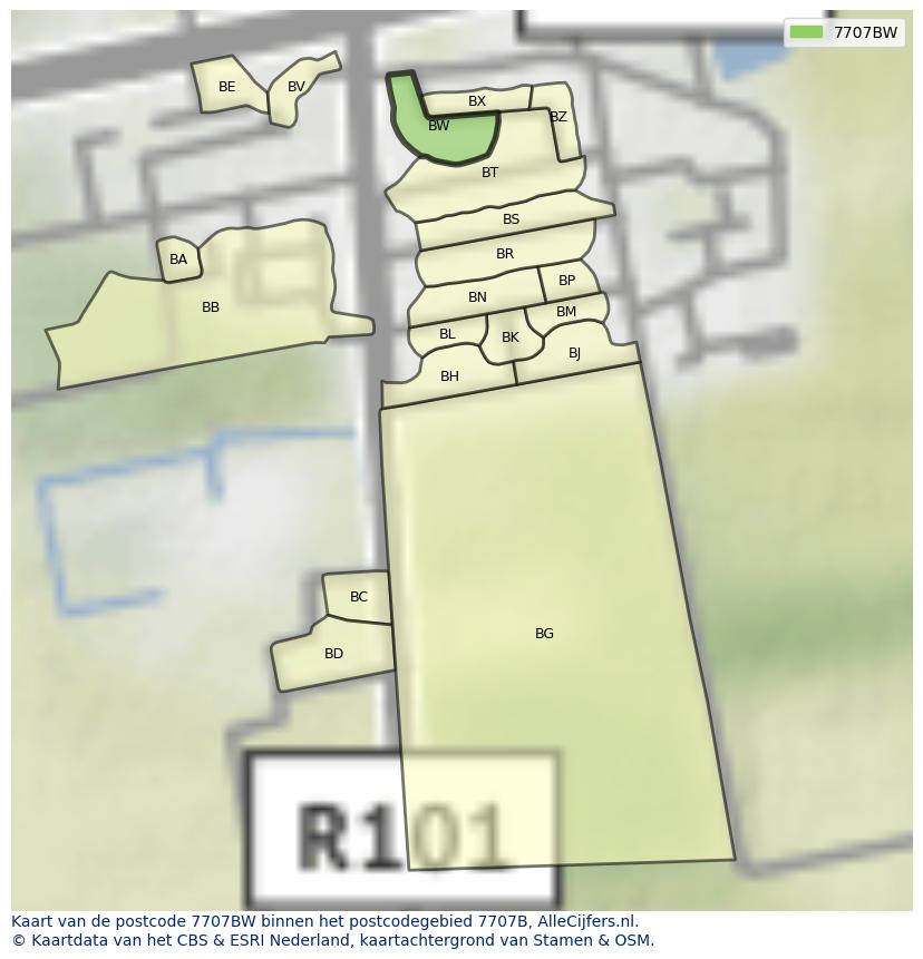 Afbeelding van het postcodegebied 7707 BW op de kaart.