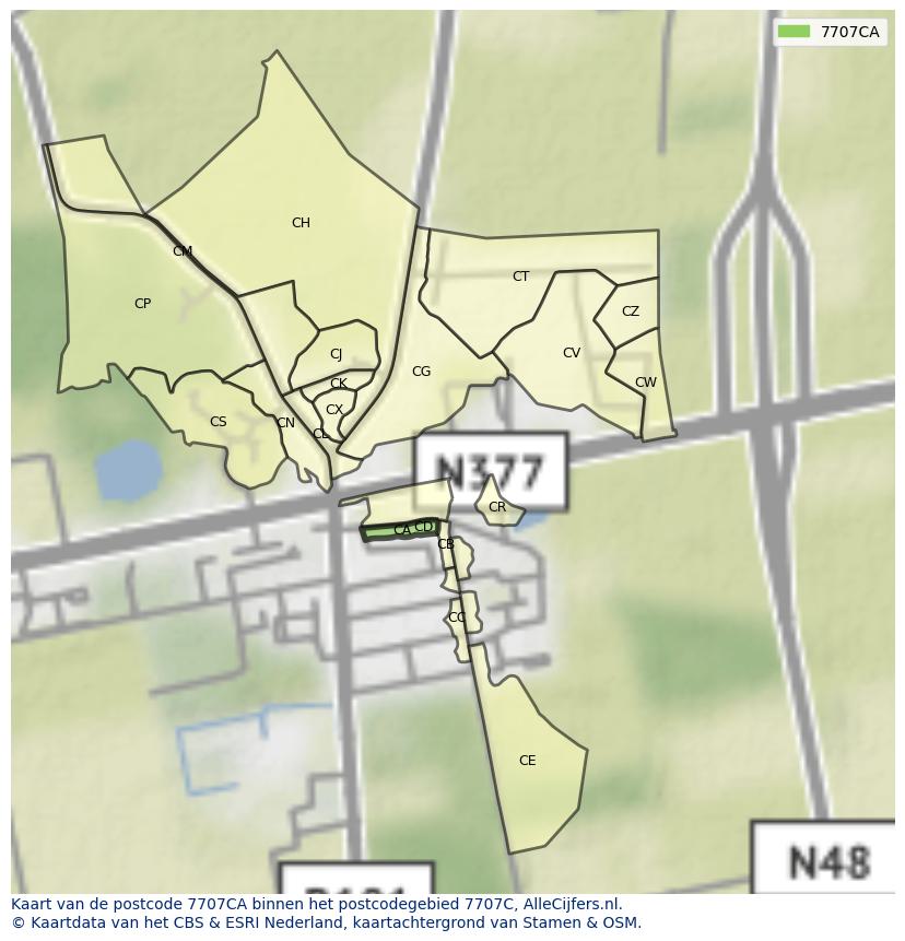 Afbeelding van het postcodegebied 7707 CA op de kaart.