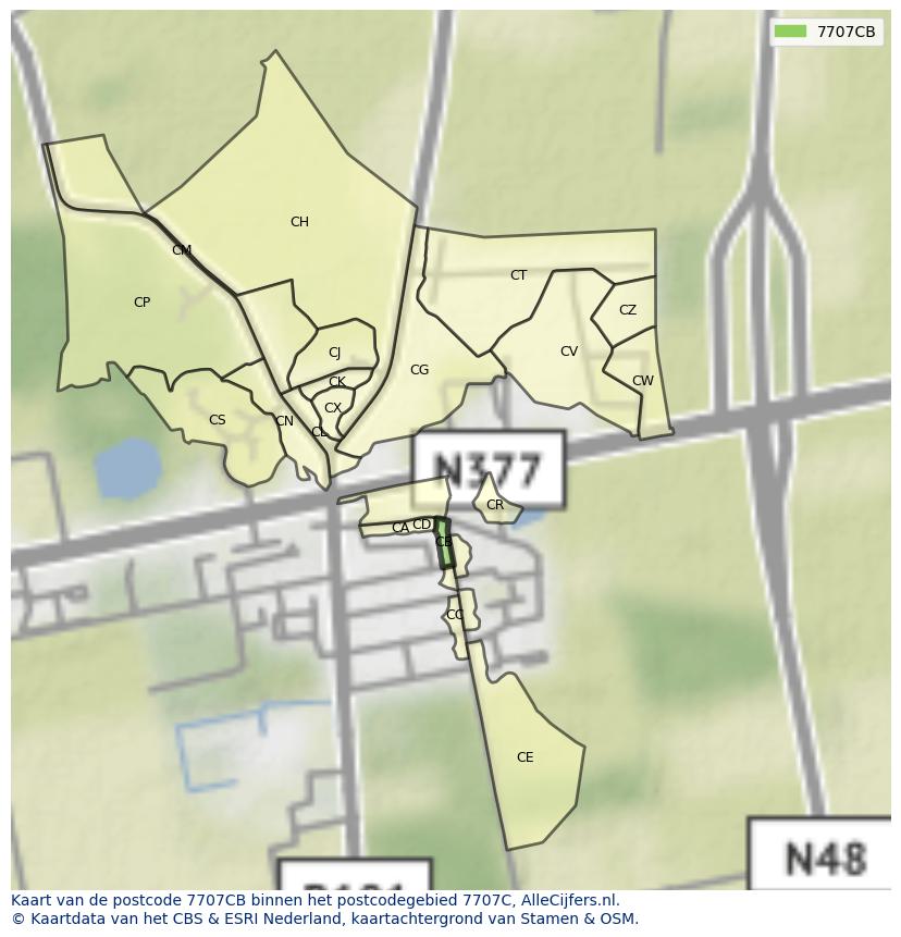 Afbeelding van het postcodegebied 7707 CB op de kaart.