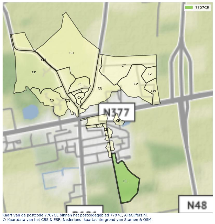Afbeelding van het postcodegebied 7707 CE op de kaart.