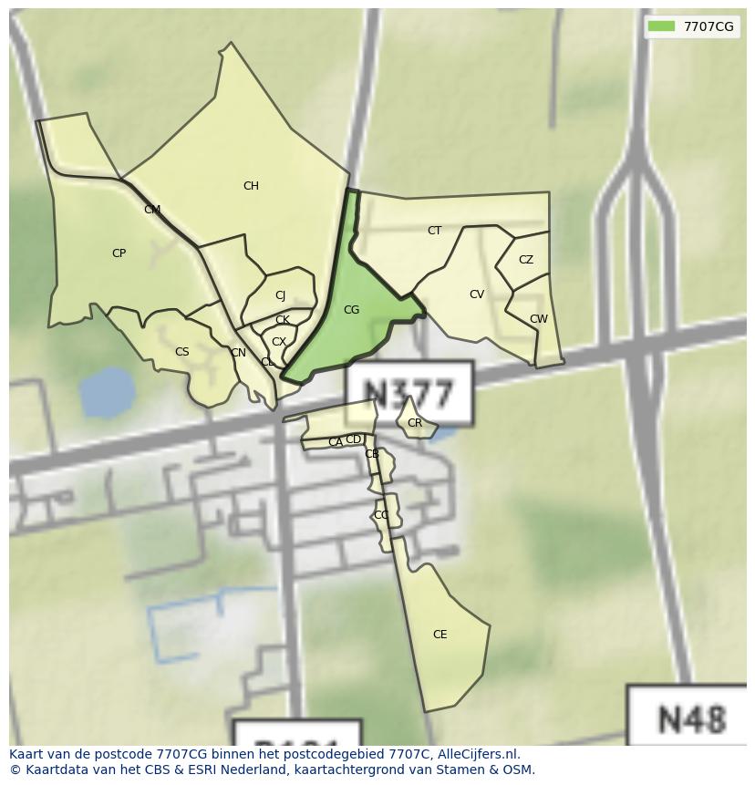 Afbeelding van het postcodegebied 7707 CG op de kaart.
