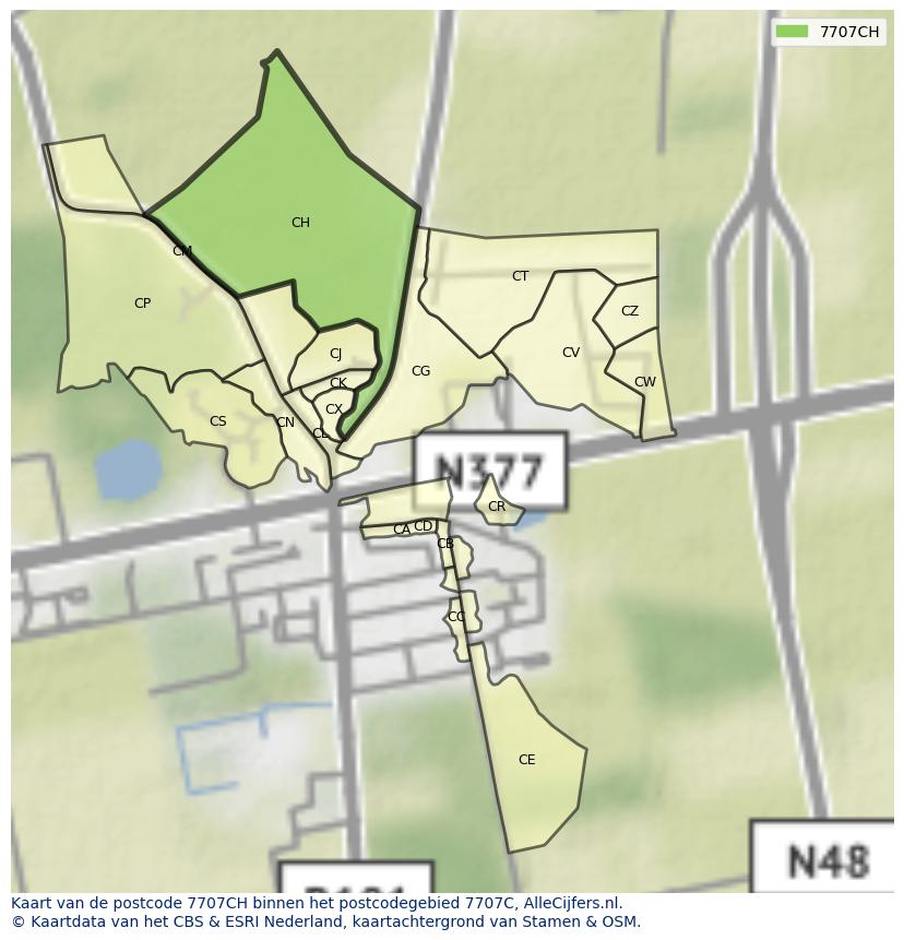 Afbeelding van het postcodegebied 7707 CH op de kaart.