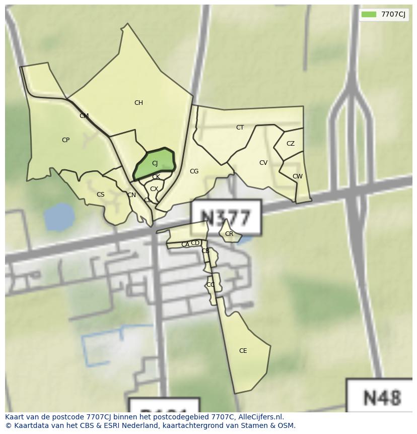 Afbeelding van het postcodegebied 7707 CJ op de kaart.