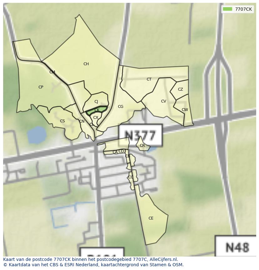 Afbeelding van het postcodegebied 7707 CK op de kaart.