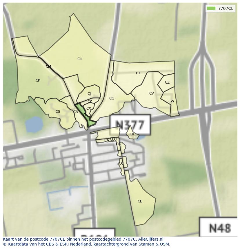 Afbeelding van het postcodegebied 7707 CL op de kaart.
