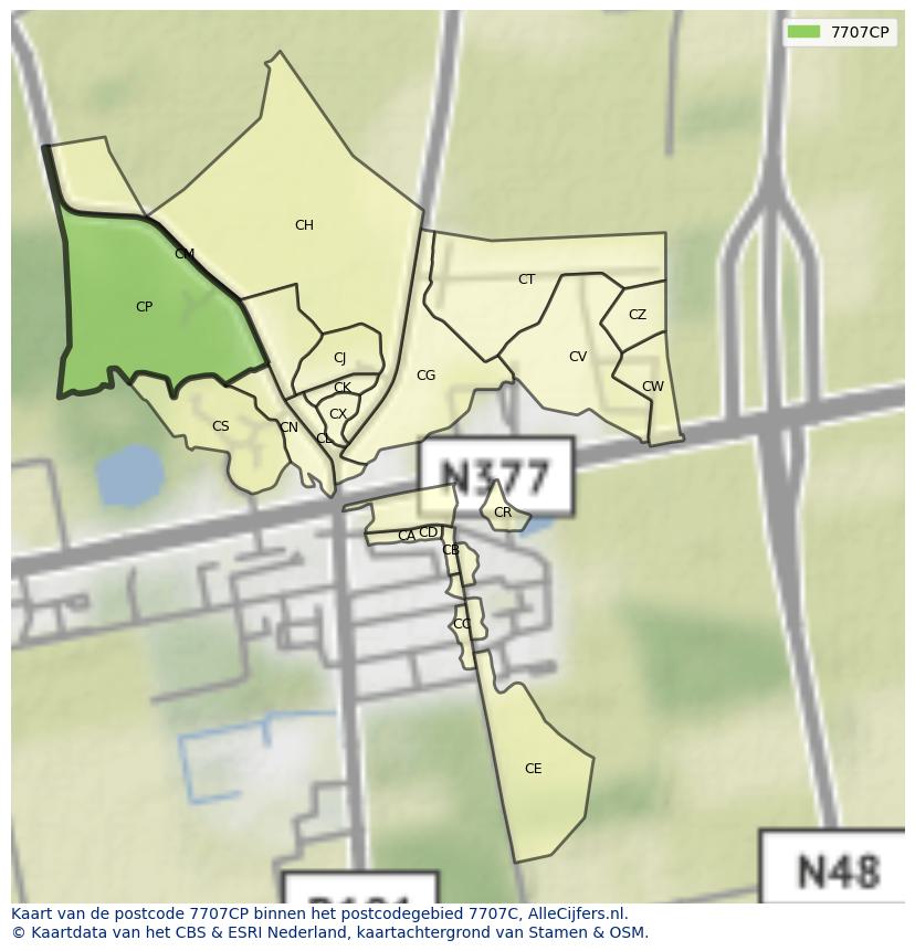 Afbeelding van het postcodegebied 7707 CP op de kaart.
