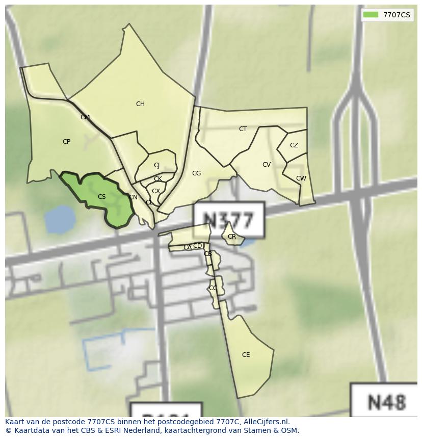 Afbeelding van het postcodegebied 7707 CS op de kaart.