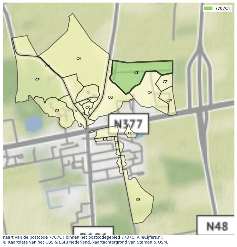 Afbeelding van het postcodegebied 7707 CT op de kaart.