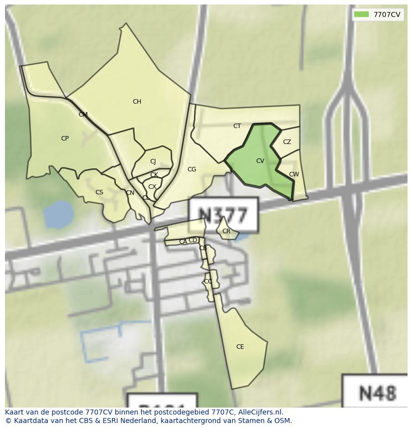 Afbeelding van het postcodegebied 7707 CV op de kaart.