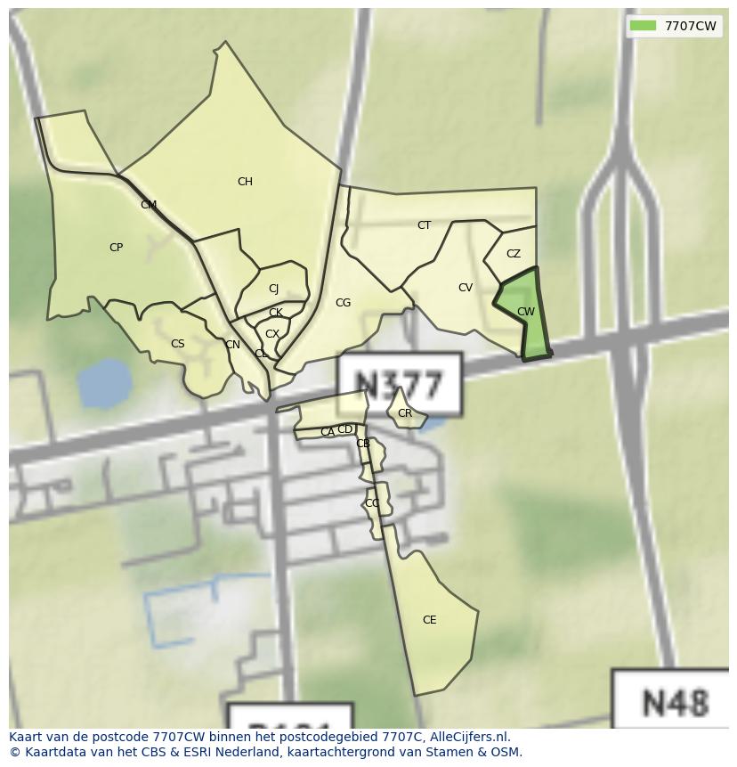 Afbeelding van het postcodegebied 7707 CW op de kaart.