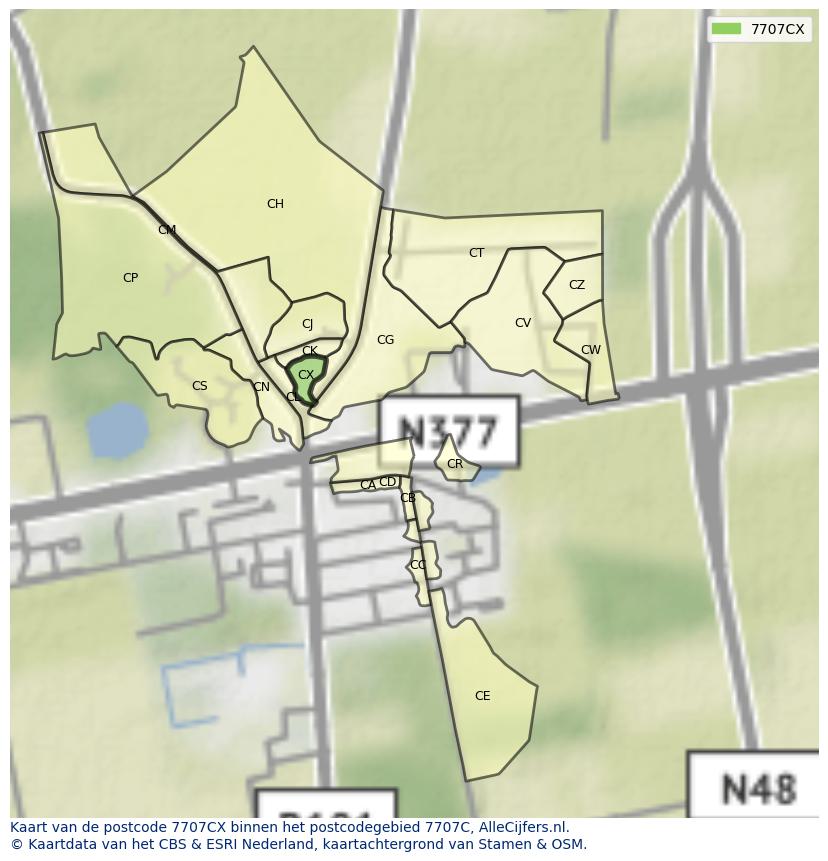 Afbeelding van het postcodegebied 7707 CX op de kaart.