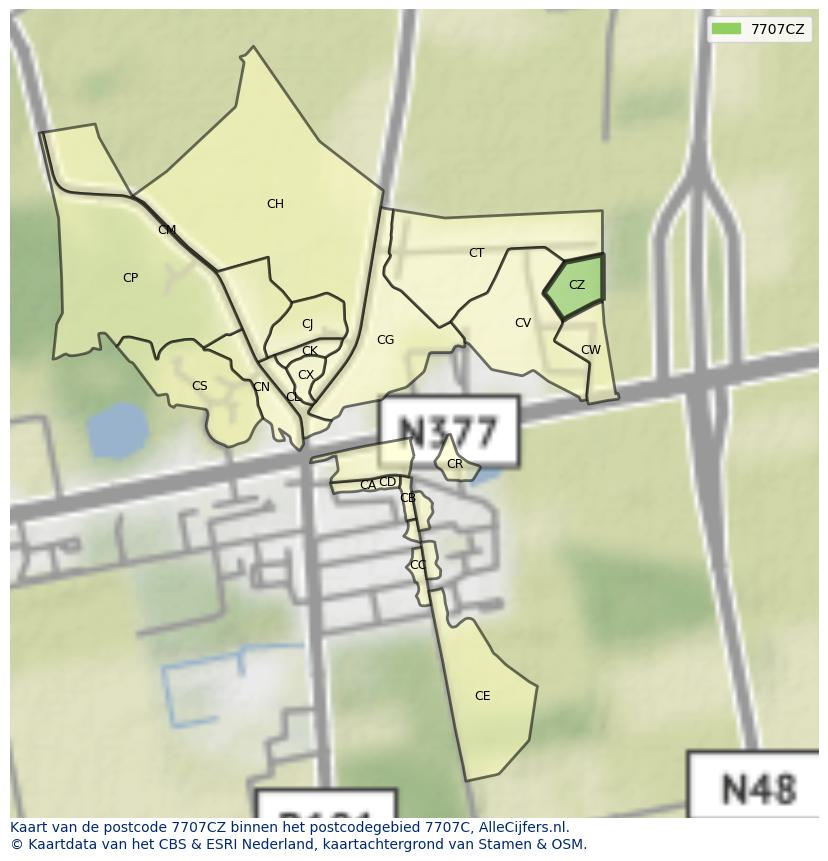 Afbeelding van het postcodegebied 7707 CZ op de kaart.
