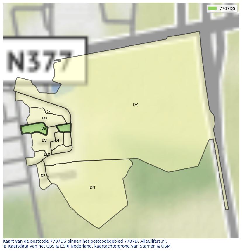 Afbeelding van het postcodegebied 7707 DS op de kaart.