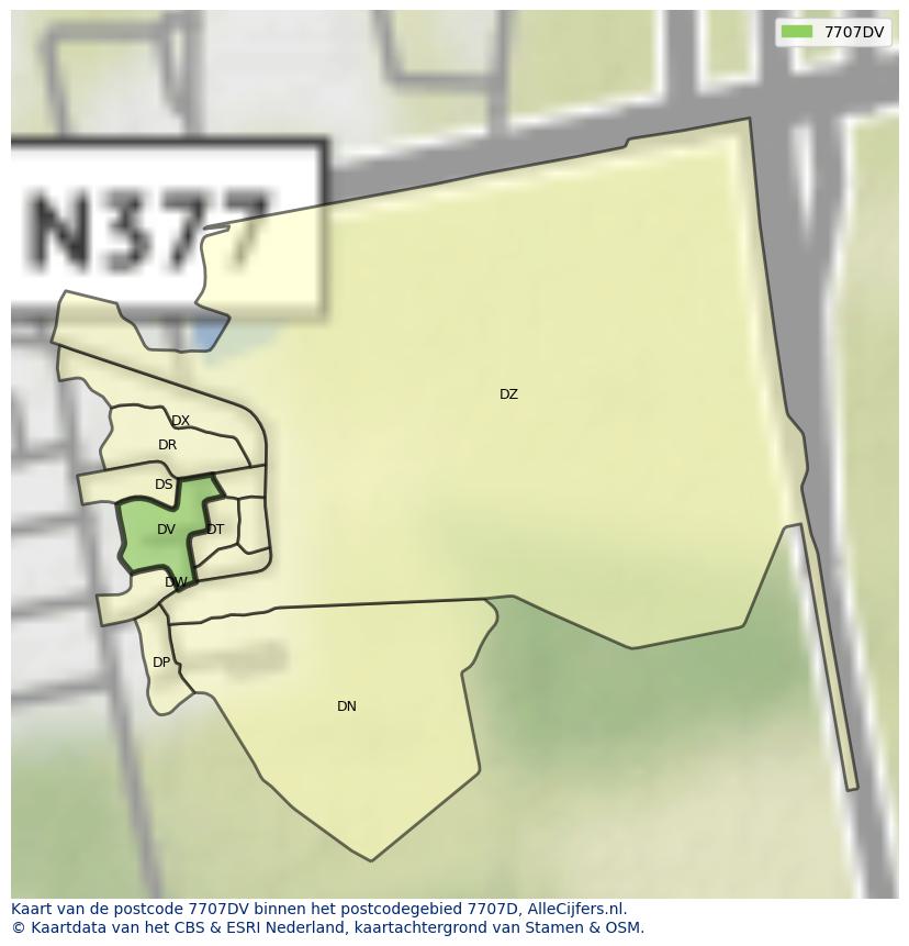 Afbeelding van het postcodegebied 7707 DV op de kaart.