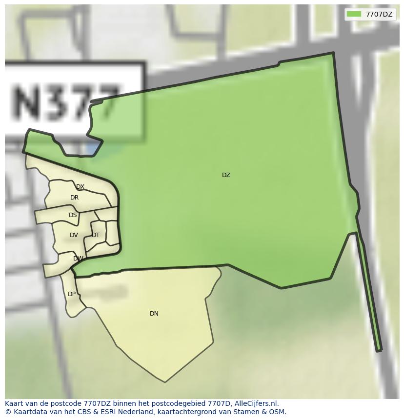 Afbeelding van het postcodegebied 7707 DZ op de kaart.