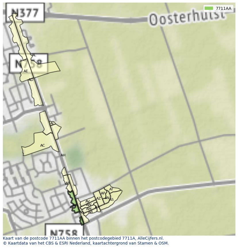 Afbeelding van het postcodegebied 7711 AA op de kaart.