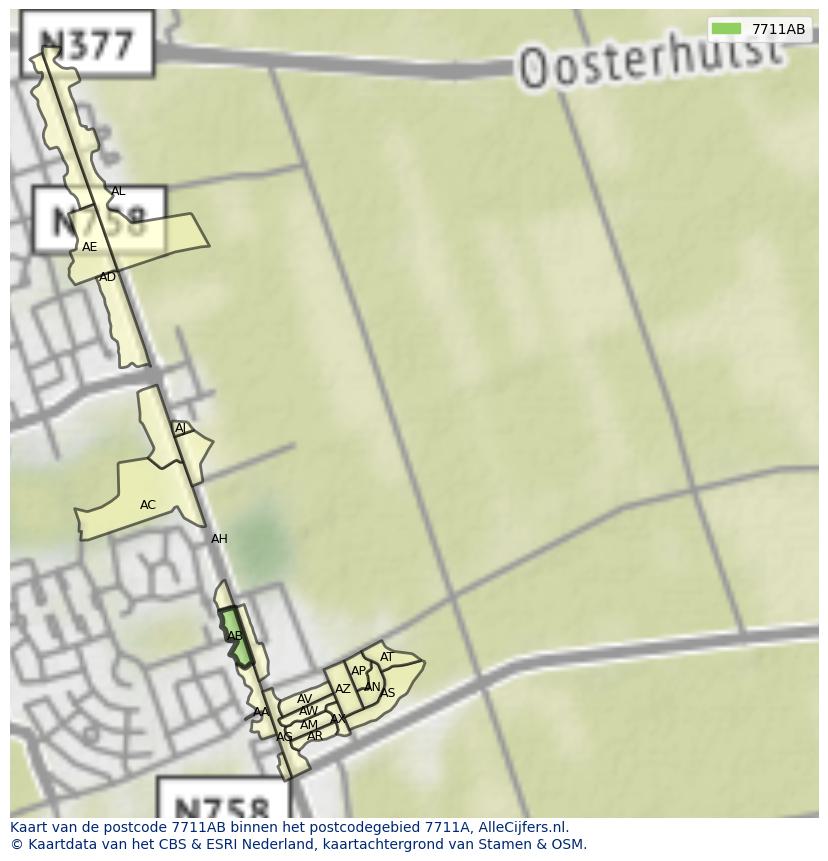 Afbeelding van het postcodegebied 7711 AB op de kaart.
