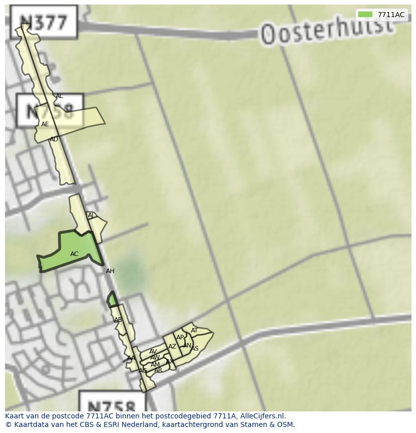 Afbeelding van het postcodegebied 7711 AC op de kaart.