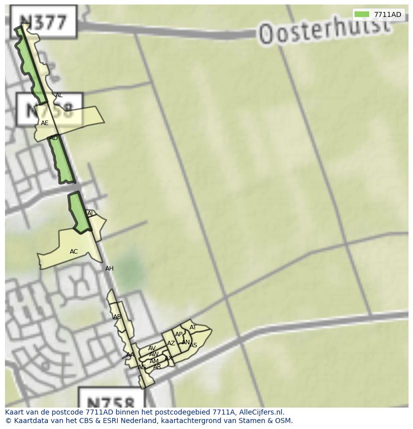 Afbeelding van het postcodegebied 7711 AD op de kaart.