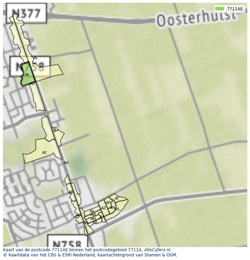 Afbeelding van het postcodegebied 7711 AE op de kaart.