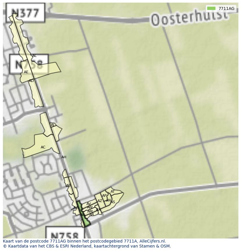 Afbeelding van het postcodegebied 7711 AG op de kaart.