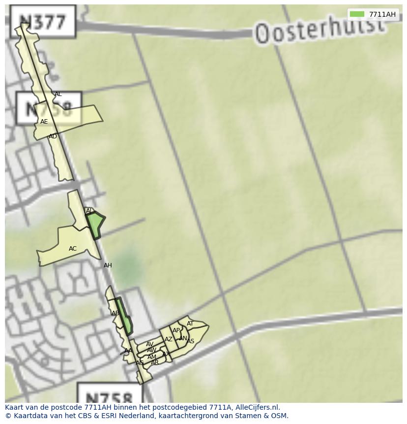 Afbeelding van het postcodegebied 7711 AH op de kaart.