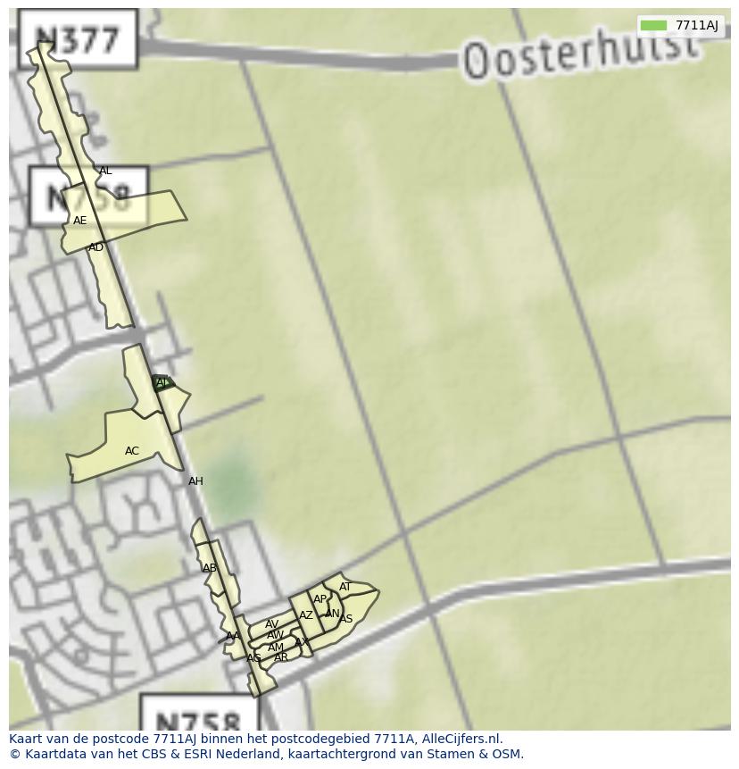 Afbeelding van het postcodegebied 7711 AJ op de kaart.