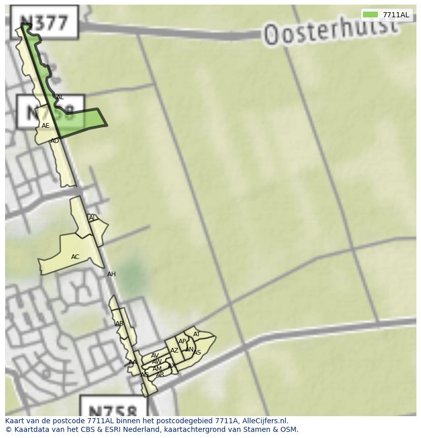 Afbeelding van het postcodegebied 7711 AL op de kaart.