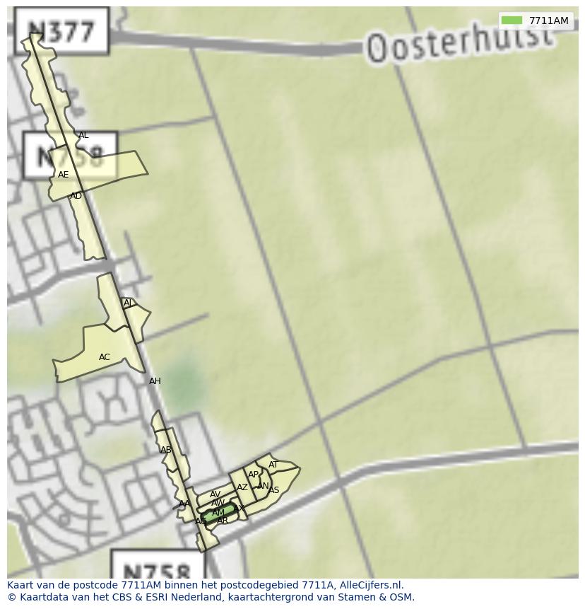 Afbeelding van het postcodegebied 7711 AM op de kaart.