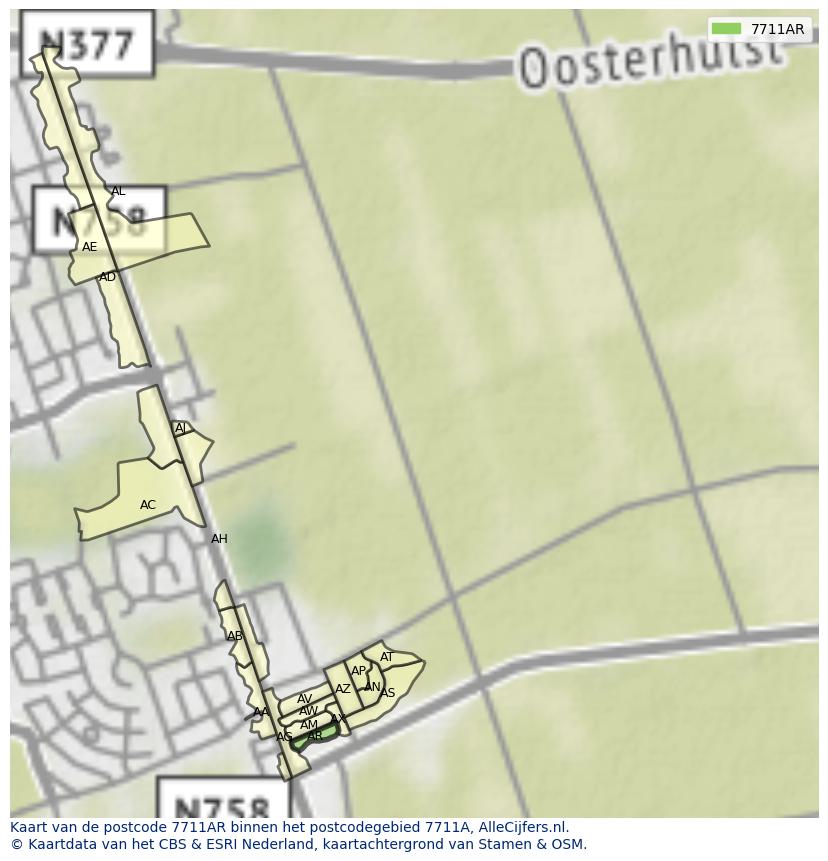 Afbeelding van het postcodegebied 7711 AR op de kaart.