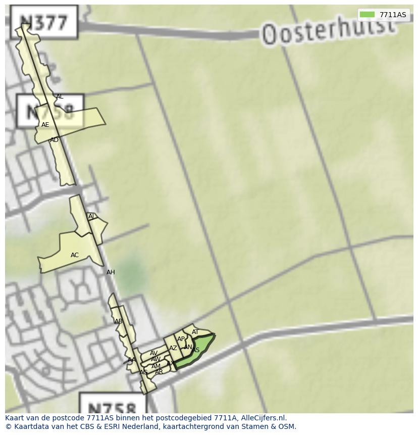 Afbeelding van het postcodegebied 7711 AS op de kaart.