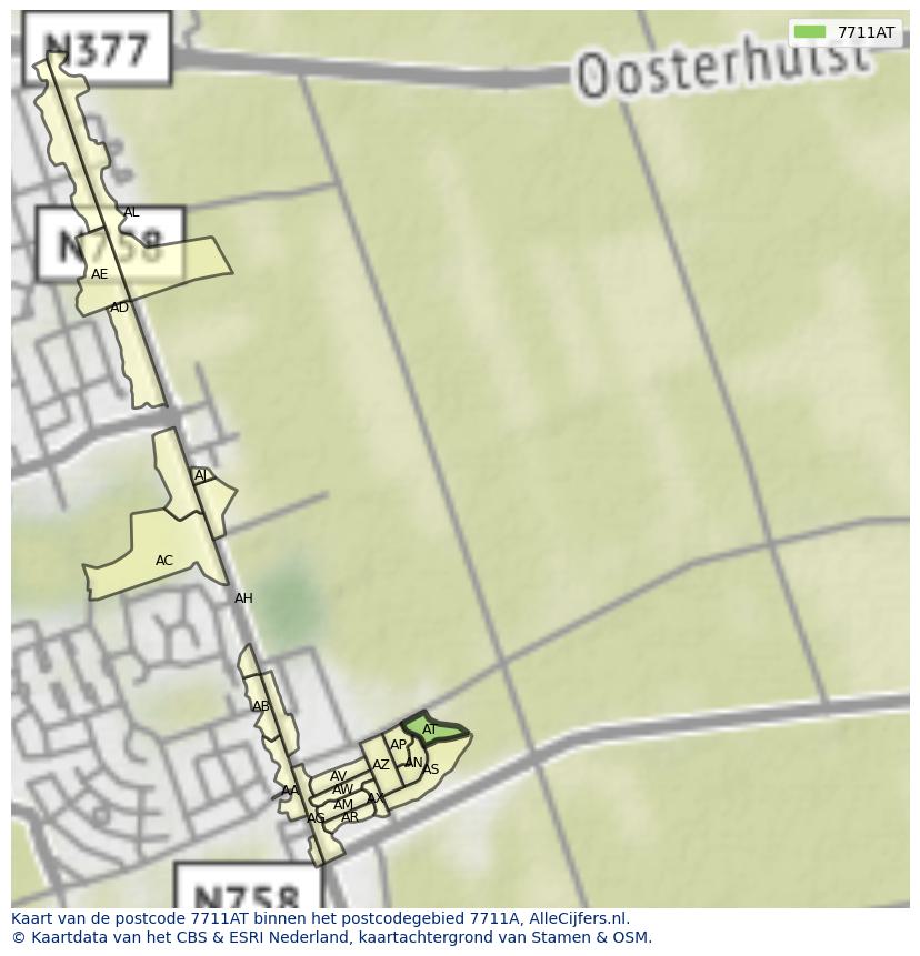 Afbeelding van het postcodegebied 7711 AT op de kaart.