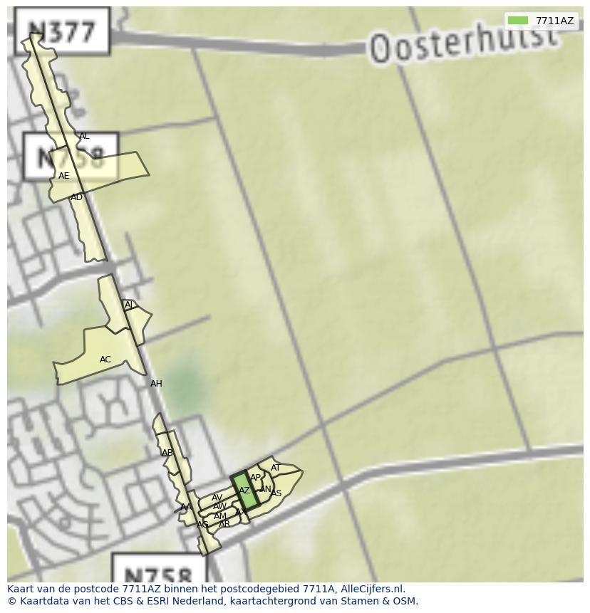 Afbeelding van het postcodegebied 7711 AZ op de kaart.