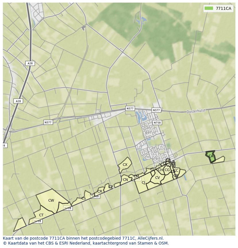 Afbeelding van het postcodegebied 7711 CA op de kaart.