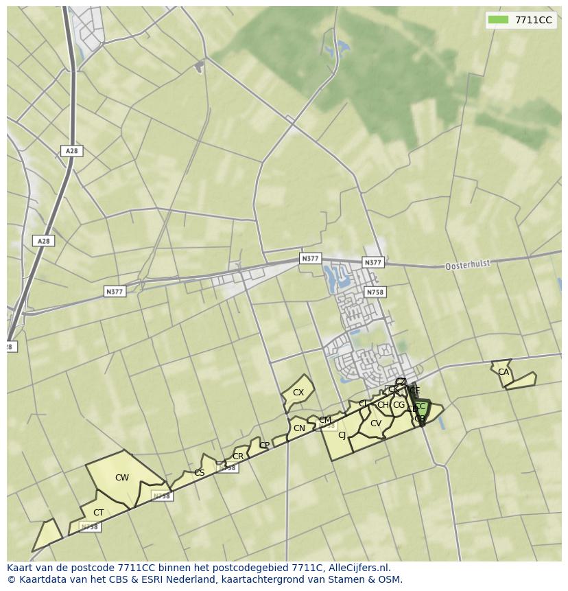 Afbeelding van het postcodegebied 7711 CC op de kaart.