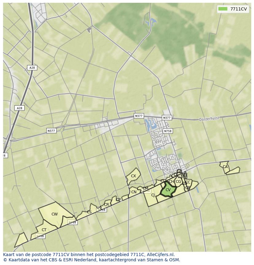 Afbeelding van het postcodegebied 7711 CV op de kaart.