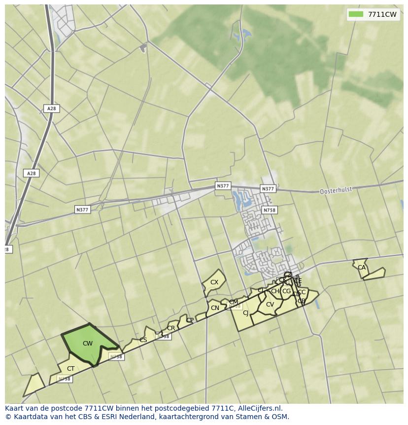 Afbeelding van het postcodegebied 7711 CW op de kaart.