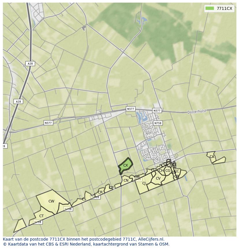 Afbeelding van het postcodegebied 7711 CX op de kaart.