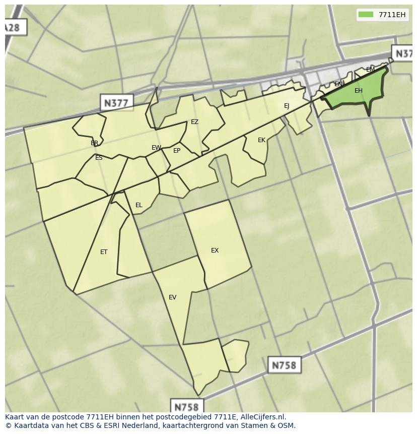 Afbeelding van het postcodegebied 7711 EH op de kaart.
