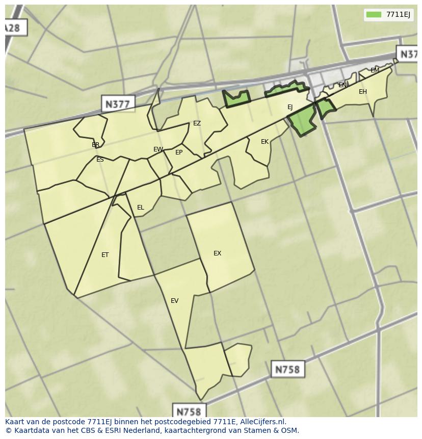 Afbeelding van het postcodegebied 7711 EJ op de kaart.